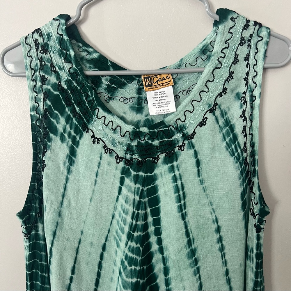 Tie Dye Green Embroidered Midi Dress Asymmetrical Hem Beach Swim Coverup Boho - Picture 3 of 12